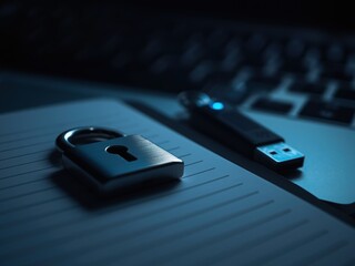 Digital Data Security Concept with Padlock and Glowing USB Drive