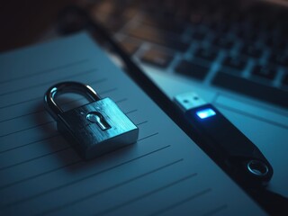 Cybersecurity Concept with Padlock and Glowing USB Drive on Laptop