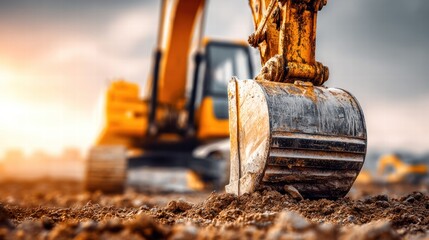 An excavator bucket in action, poised for construction, under a bright sky at a work site.