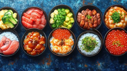 Assorted Japanese Cuisine Bowls on Dark Blue Background
