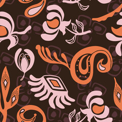 Retro floral paisley pattern, Playful folk decorative motif seamless vintage abstract design.