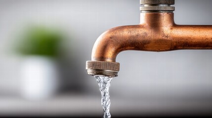 Water elegantly streams from a bronze faucet in a close-up, detailed view, highlighting freshness.