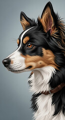 Portrait of a beautiful border collie dog with black, white and brown fur in profile