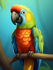 Colorful Cartoon Style Macaw Parrot Perched on a Branch &ndash; Tropical Bird, Jungle Wildlife, Vibrant Feather Art