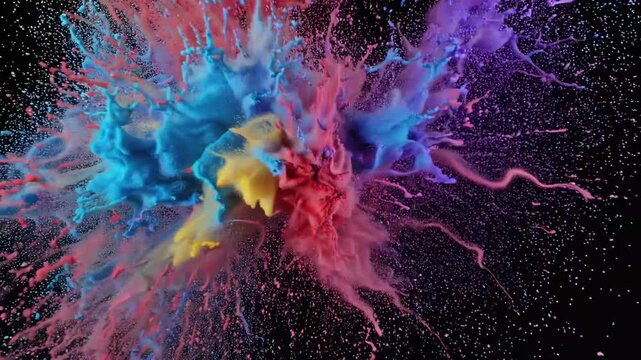 dynamic burst of vibrantly colored fine particulate matter explodes against solid black background