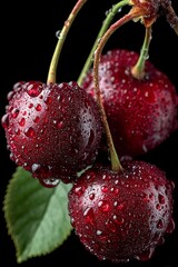 Close-up of red cherries with water drops and green leaf on black background.