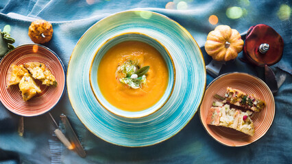 Autumn pumpkin soup with bread and seasonal table decoration