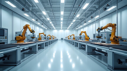 Robotic arms working on assembly line in modern factory