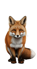 A charming red fox sits alertly, its bright eyes sparkling against the isolated on white background
