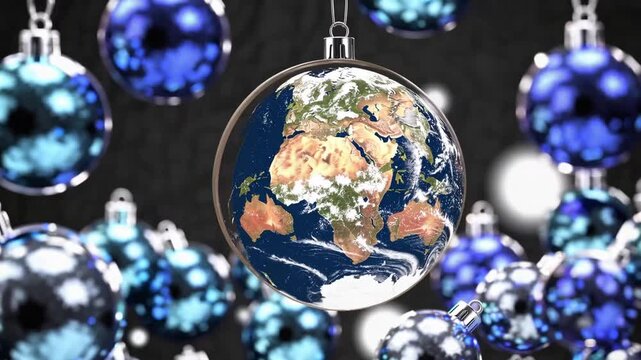 Yuletide three-dimensional ry featuring the Planet Earth depicted as Christmas ornament. Azure and greyish-white spherical decorations.