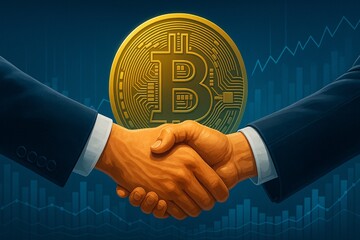 Bitcoin and cryptocurrency business deal concept. A handshake between businessmen with a BTC coin and a financial chart background, symbolizing a successful crypto investment or partnership.