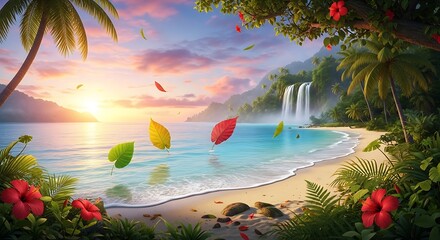 Tropical Sunrise Beach Paradise with Waterfalls.