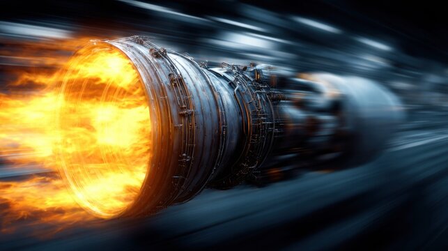 A close-up view of a powerful jet engine with dynamic flames and motion blur.