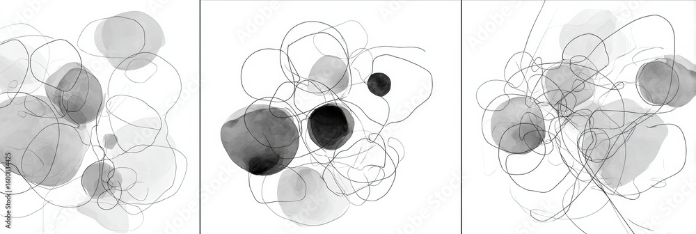 Poster abstract monochrome illustration featuring flowing lines and circular shapes with a minimalist aesth