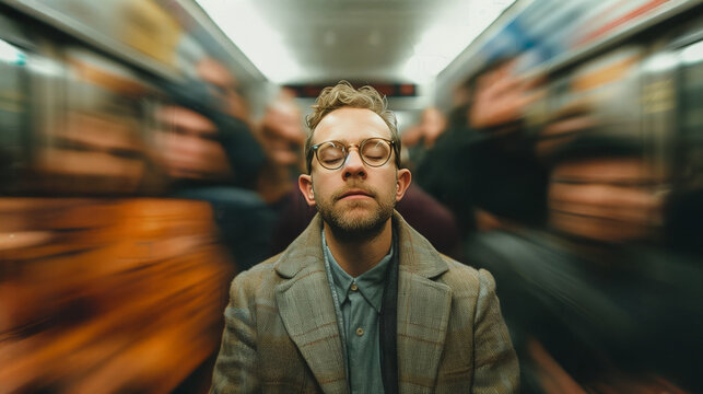 Man sitting calmly in subway train surrounded by blurred commuters conveying stillness in chaos - Powered by Adobe