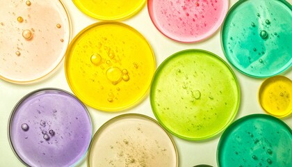 Colorful translucent droplets in varied sizes—yellow, green, pink, purple, blue—suspended in liquid against light background, evoking fluidity, abstraction, and microscopic elegance.
