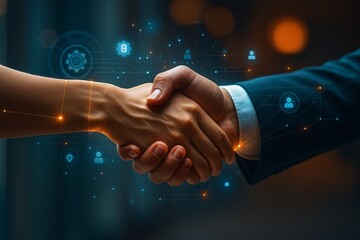 Business partnership and technology integration concept. Man and woman shaking hands with a glowing digital interface overlay, symbolizing a smart contract, successful deal, and B2B collaboration.