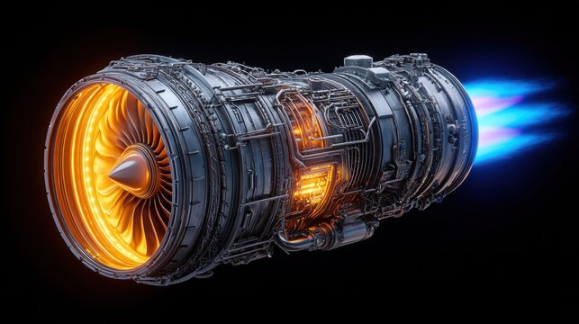 A detailed view of a jet engine showcasing its inner workings and powerful exhaust flames.