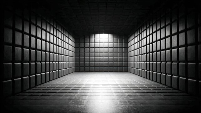 A dimly lit, padded cell with a repeating square pattern on the walls, creating a stark and unsettling atmosphere.