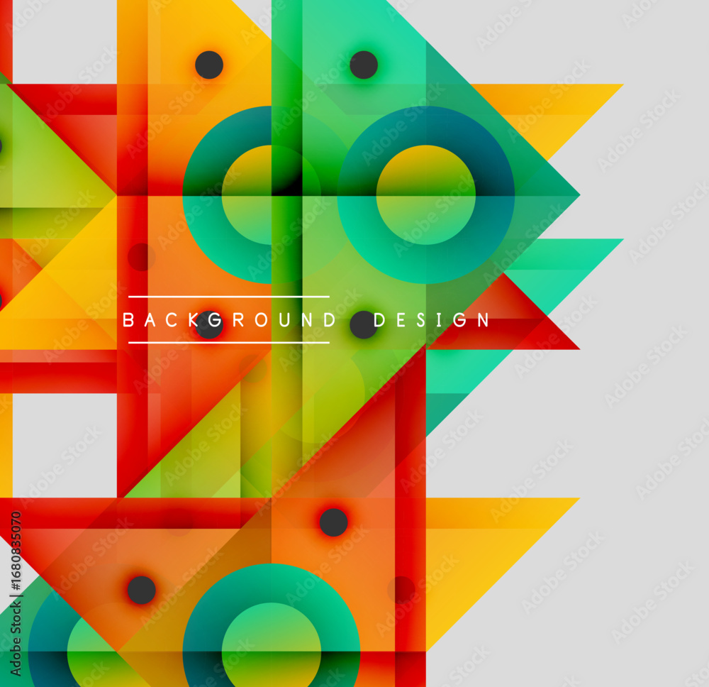 Poster abstract geometric shapes overlap. vibrant colors create modern design. circles, squares, triangles 