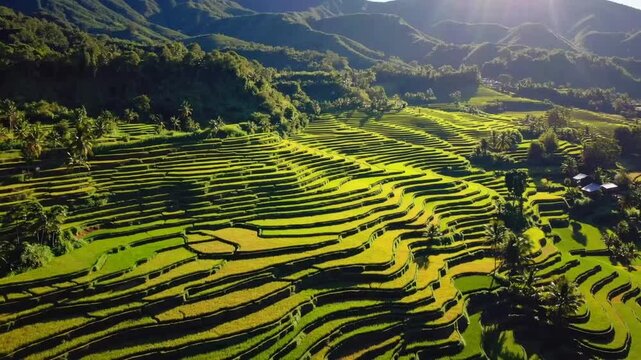 The verdant rice terraces of mountainous Asian region on luminous summer day