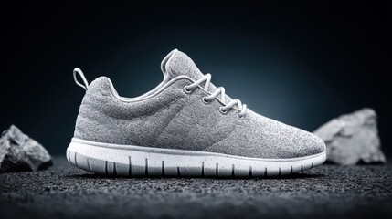 A close-up shot of a stylish grey sneaker set against a dark background.