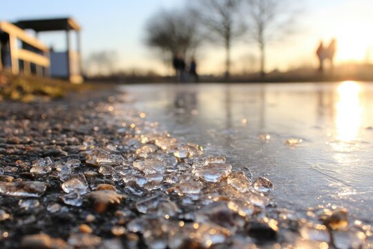 Frozen water crystals on a winter pond's edge,  sunlit