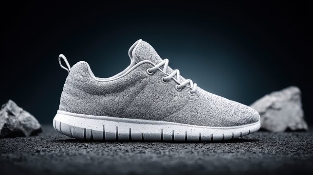 A close-up shot of a stylish grey sneaker set against a dark background.