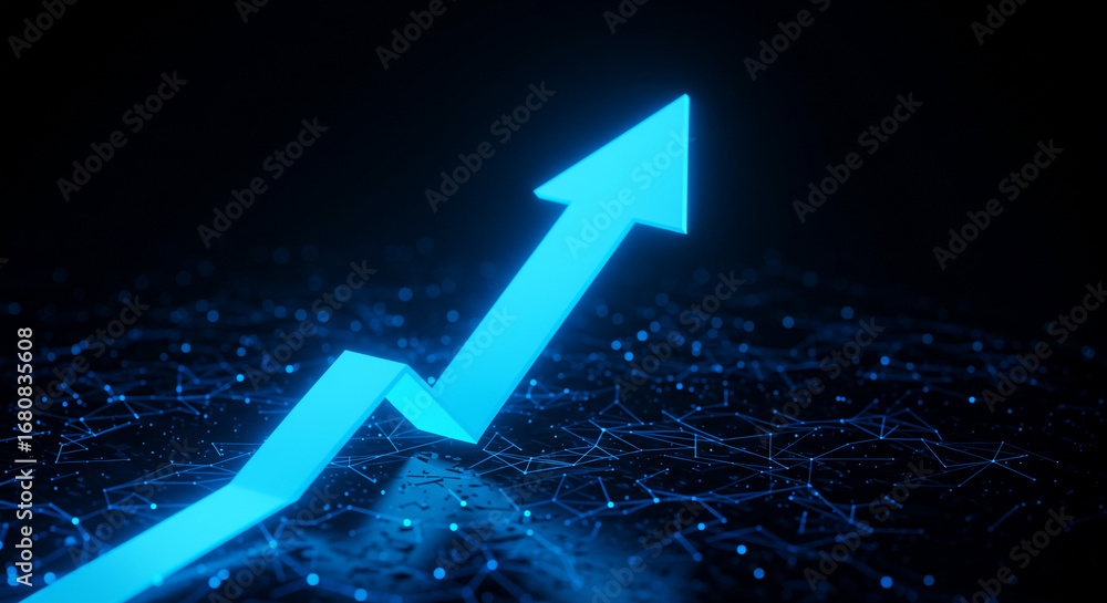Poster a glowing blue arrow pointing upwards on a dark background with a network of connected dots beneath 