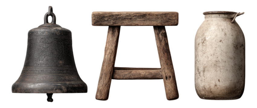 Rustic Bell, Wooden Stool, and Ceramic Jug on Transparent Background