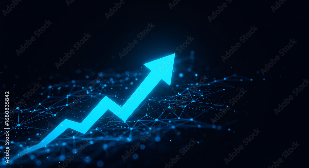 Poster a glowing blue arrow pointing upwards on a dark background with connected dots and lines pattern