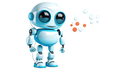 Cute blue robot with a sign isolated on white background