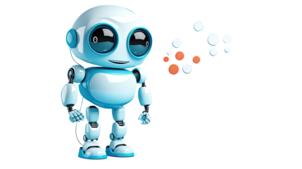 Cute blue robot with a sign isolated on white background