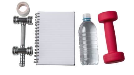 Flat lay of spiral-bound fitness tracker notebook with pen on transparent background
