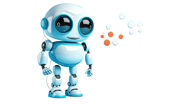 Cute blue robot with a sign isolated on white background