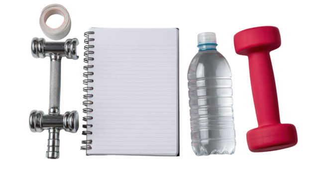 Flat lay of spiral-bound fitness tracker notebook with pen on transparent background