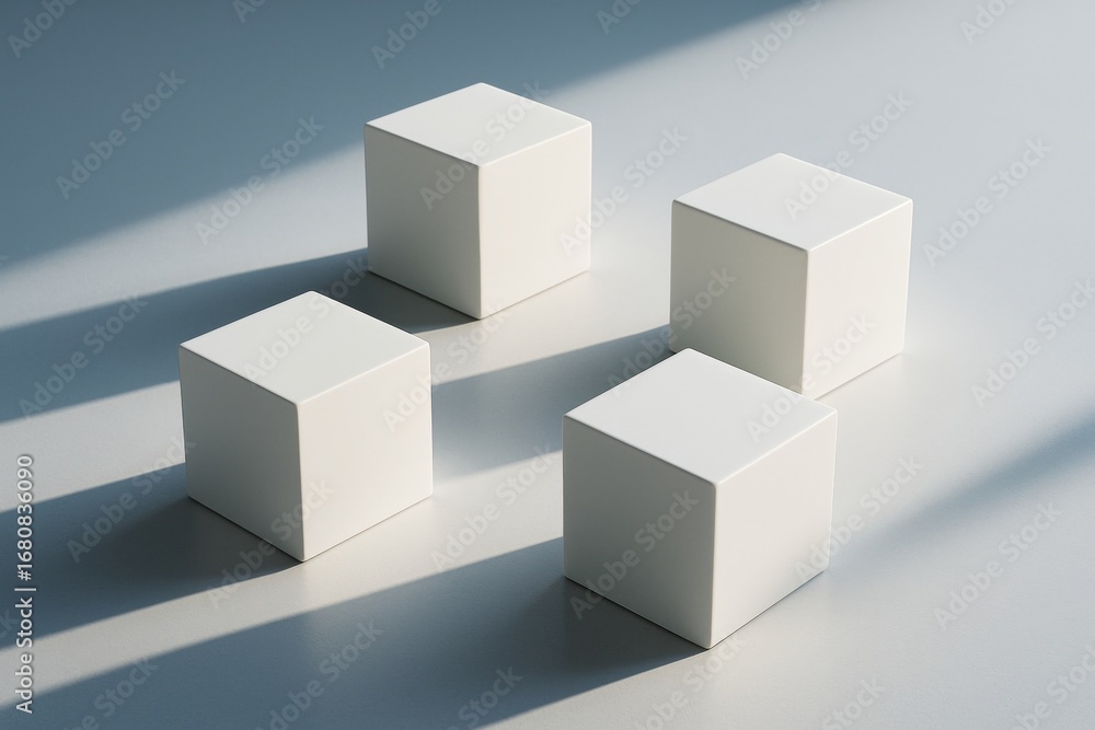 Aufkleber minimal abstract composition with four white cubes casting long shadows on a light surface in soft n