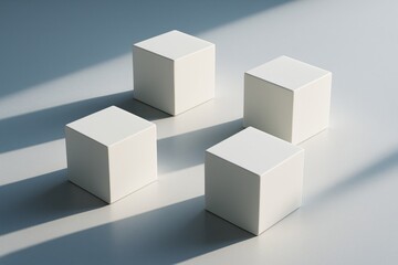 Obraz premium Minimal abstract composition with four white cubes casting long shadows on a light surface in soft natural light background. Ai generative. Ai generative