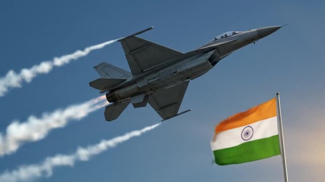 Fighter Jet Flying Across Blue Sky with National Flag Waving