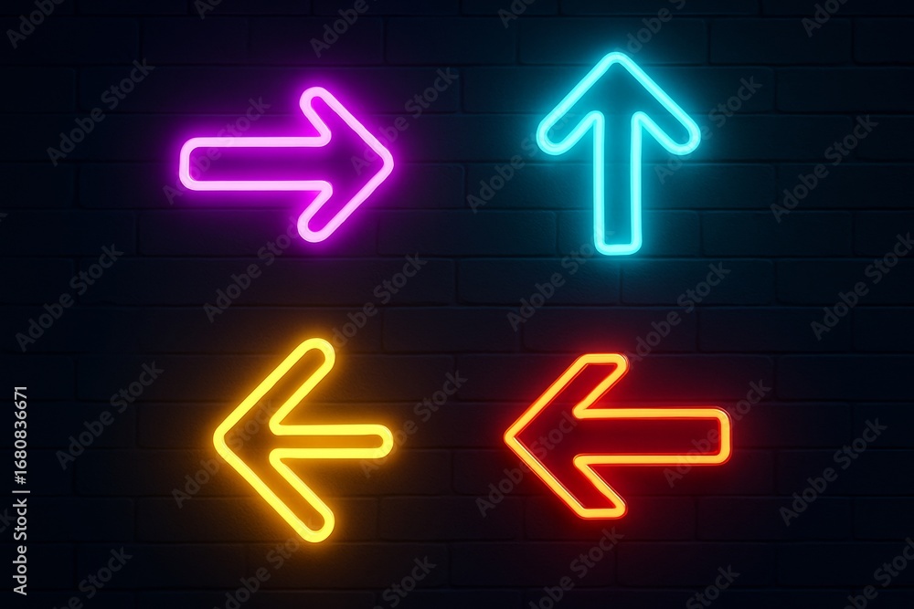 Poster neon glowing arrows in four directions with colorful light effects on dark brick wall background, sy