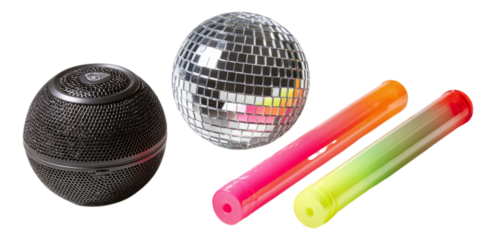 Isolated Black Speaker, Mirror Ball, and Colorful Light Sticks on Clear BG