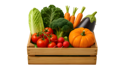 Wooden Crate Filled with Seasonal Market Vegetables PNG