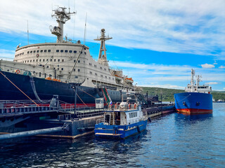 large icebreaker ship in the port view from below