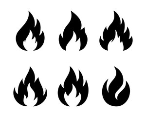 Set of black flame fire icons for burning heat and energy symbols