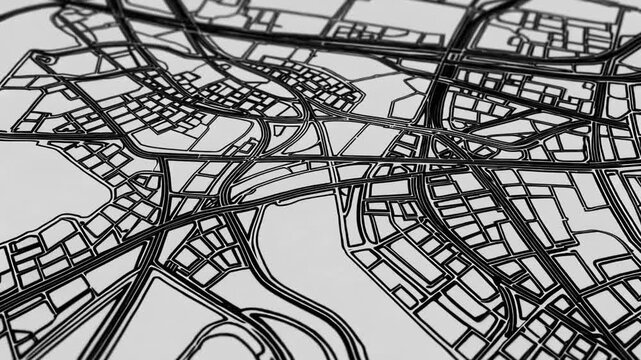 Manually Drawn Illustration Depicting Nonspecific Metropolitan Layout Featuring Waterway