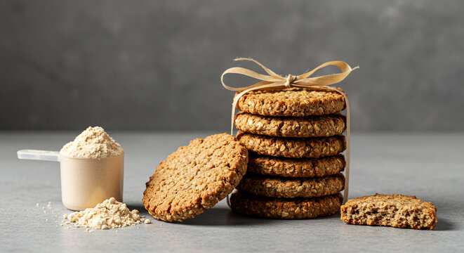 A stack of homemade oatmeal cookies tied with ribbon next to protein powder on a gray surface