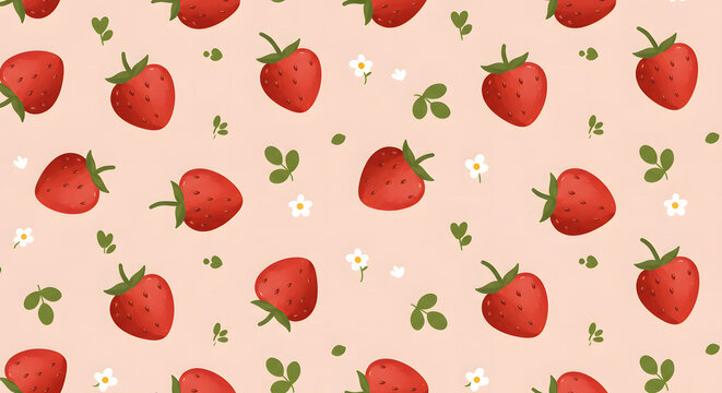 Coquette and cute wallpaper background of strawberries and flowers drawn