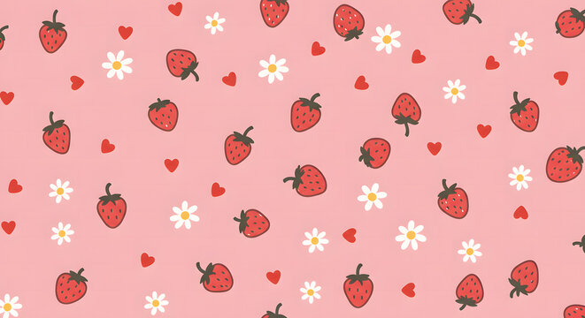 Coquette and cute wallpaper background of strawberries and flowers drawn