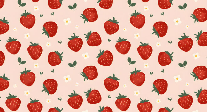 Coquette and cute wallpaper background of strawberries and flowers drawn