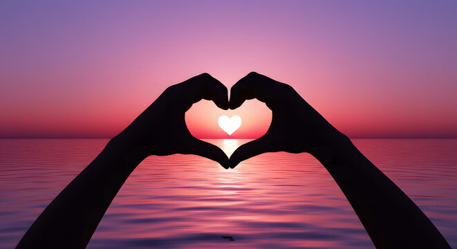 Scenic wallpaper background of hands making a heart at sunset